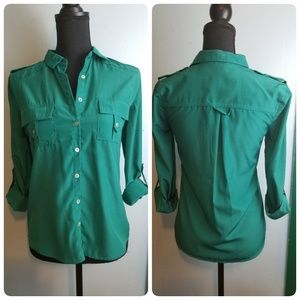 Button Down Tab Sleeve Blouse